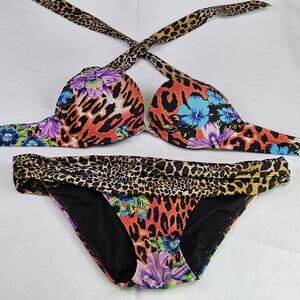 Victoria Secret Bombshell Bikini 34A S Floral Skull Leopard Pushup Low Rise Y2K